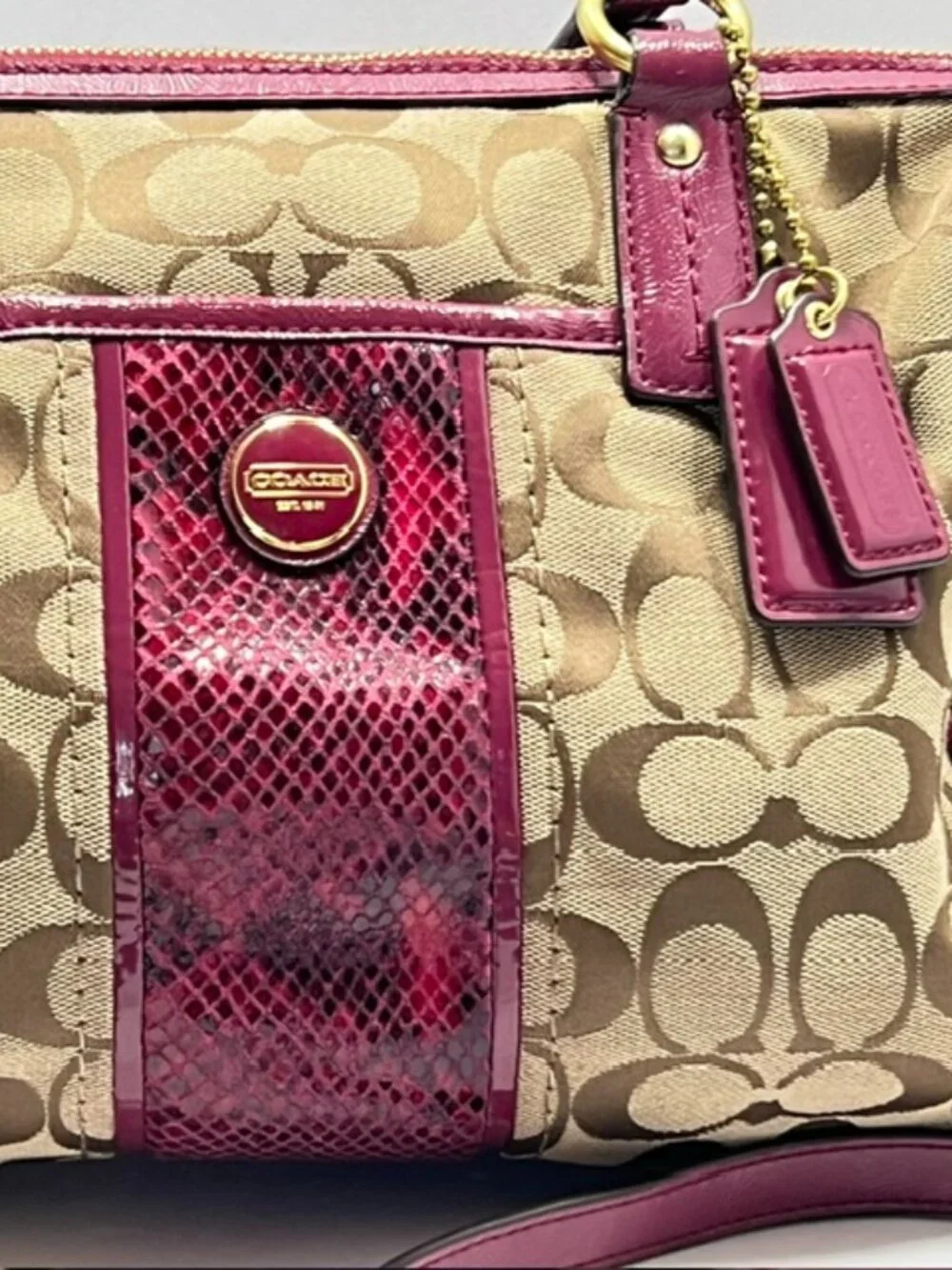 Coach Signature Stripe Python Satchel F24884 in Khaki w/Raspberry Python w/COA